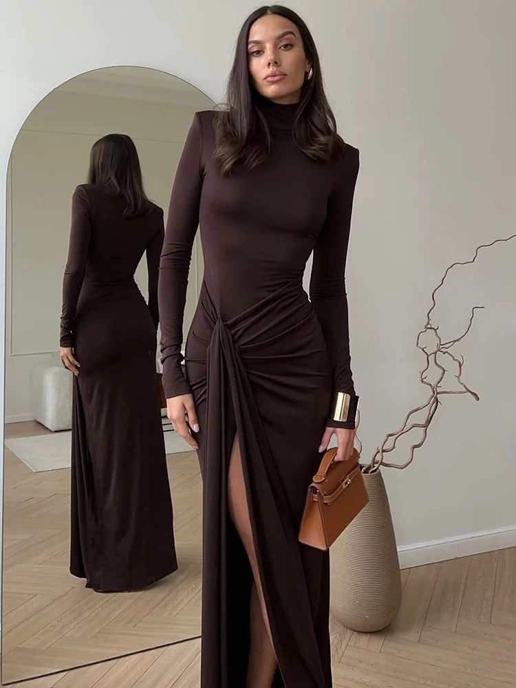 Long Sleeve Maxi Dress Brown Turtleneck Twist Front Thigh Slit Jersey Knit Evening Dress