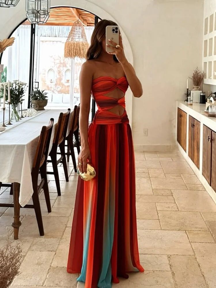 Strapless Maxi Dress Ombre Orange Red Blue Chiffon Cutout - Formal Evening Gown