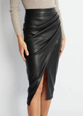 Draped Faux Leather Midi Skirt with Slit - Women's Elegant Pencil Skirt - Available in Black, Beige, Brown