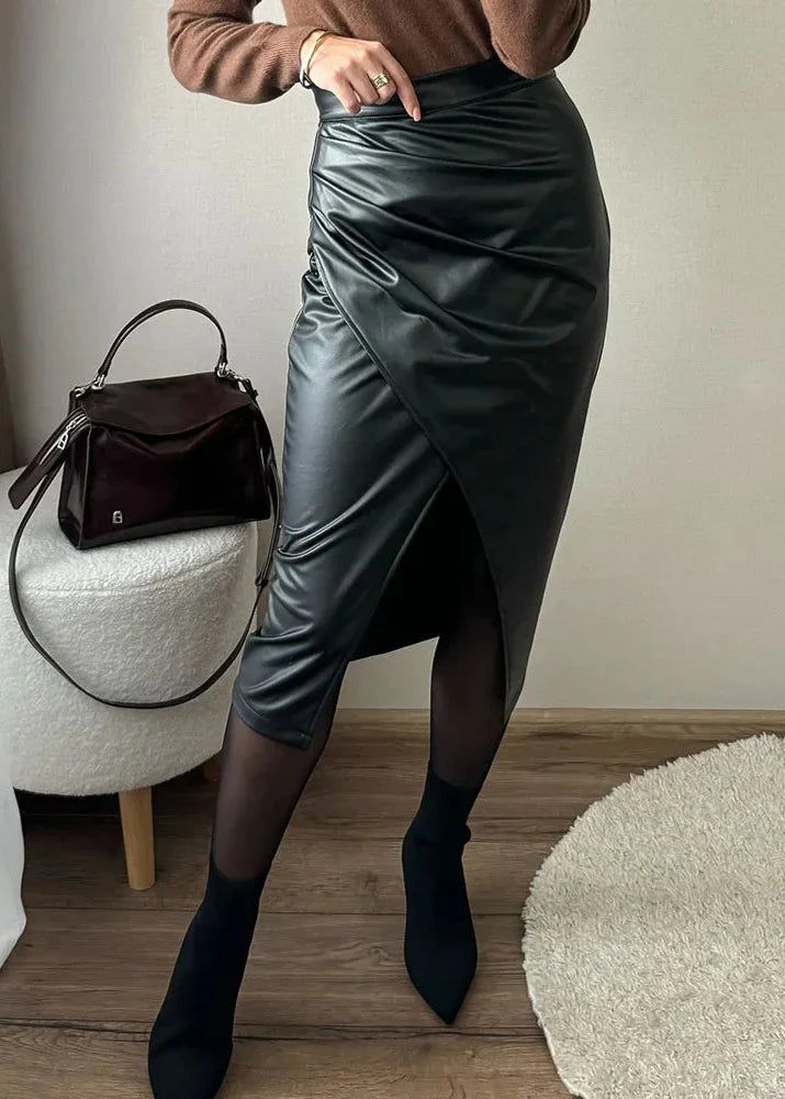 Draped Faux Leather Midi Skirt with Slit - Women's Elegant Pencil Skirt - Available in Black, Beige, Brown