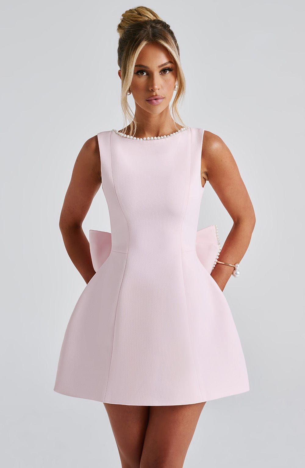 Bow Back Mini Dress with Pearl Detail - Party Cocktail Dress - Pink, Black, White