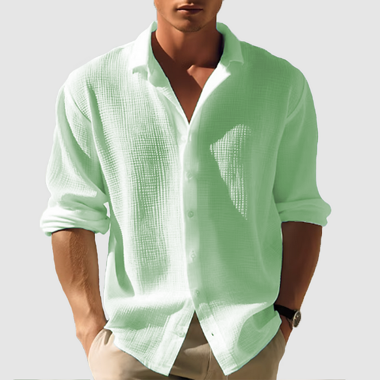 Men's Long Sleeve Button-Down Shirt - Casual Textured Cotton Blend - White, Green, Pink, Cream, Black, Blue