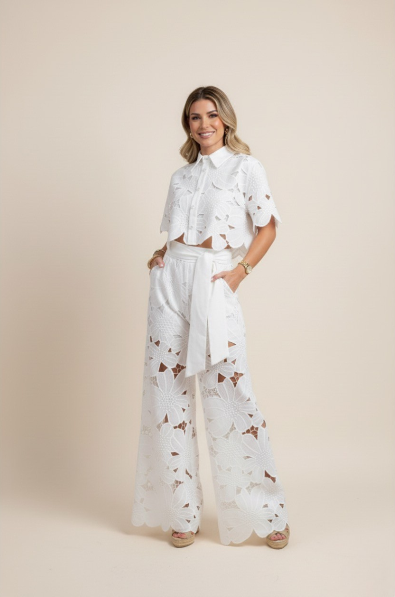 Floral Lace Two-Piece Set: Cropped Shirt & Wide Leg Pants - Women's Matching Outfit
