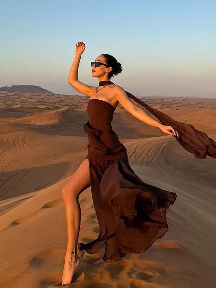 Strapless High Slit Maxi Dress with Chiffon Scarf - Elegant Evening Gown