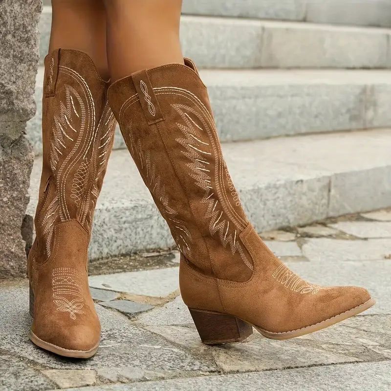 Embroidered Western Cowboy Boots for Women - Suede Leather, Block Heel, Pointed Toe