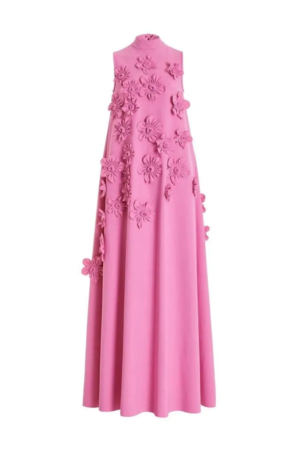 Pink Floral Appliqué Maxi Dress - High Neck, Sleeveless - Formal Occasion Gown