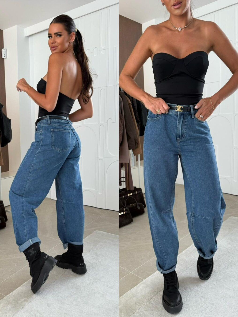 High-Waisted Balloon Jeans Women's Relaxed Fit Blue Denim