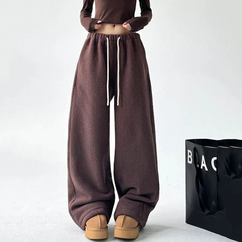 Wide Leg Sherpa Fleece Lounge Pants for Women with Drawstring - Relaxed Fit, Comfortable, Soft