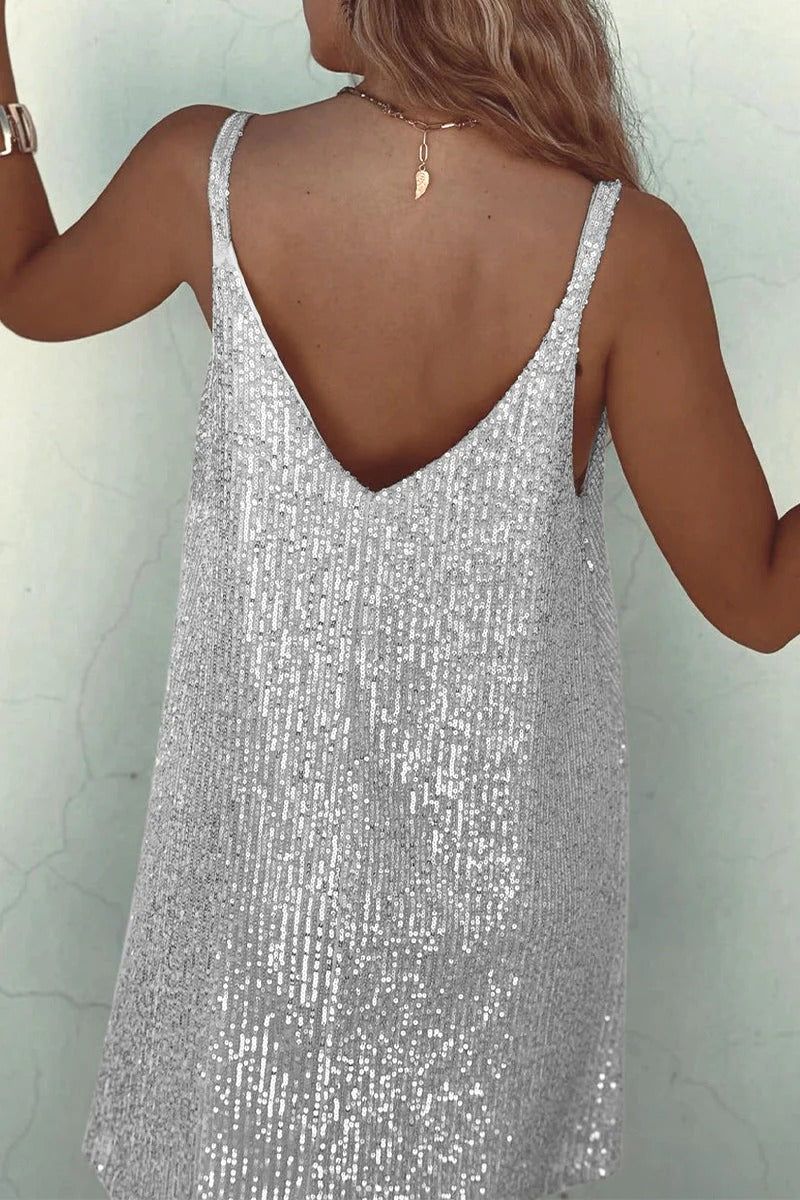 Sequin Mini Dress - V-Neck Sleeveless Dress - Cocktail Party Dress