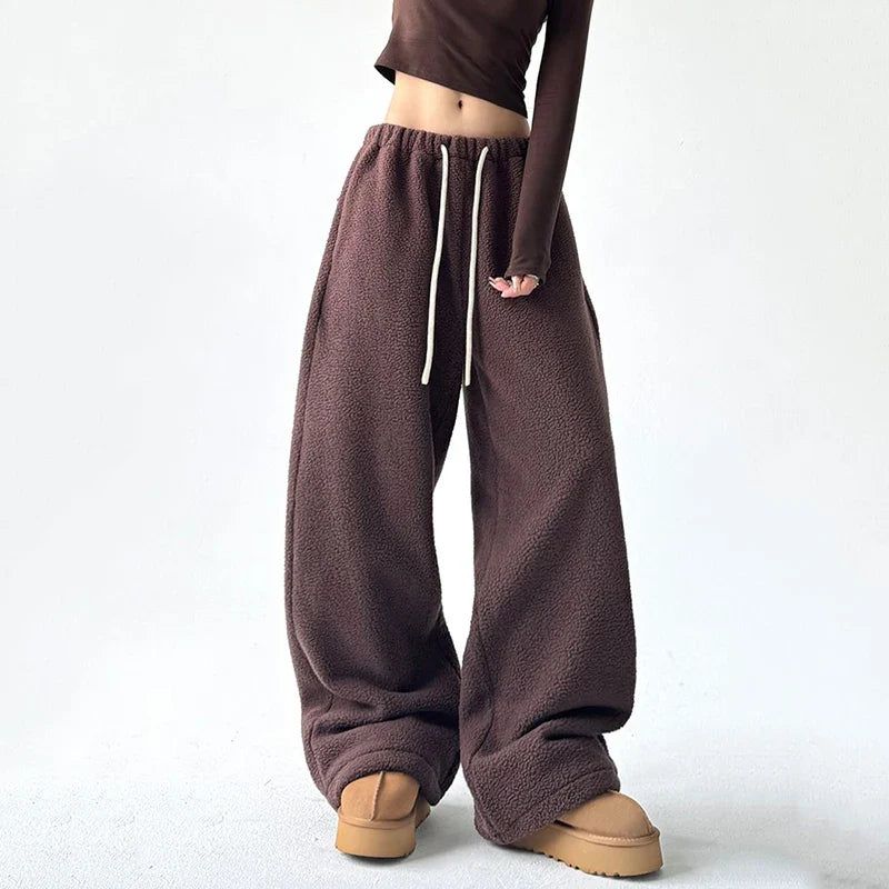 Wide Leg Sherpa Fleece Lounge Pants for Women with Drawstring - Relaxed Fit, Comfortable, Soft
