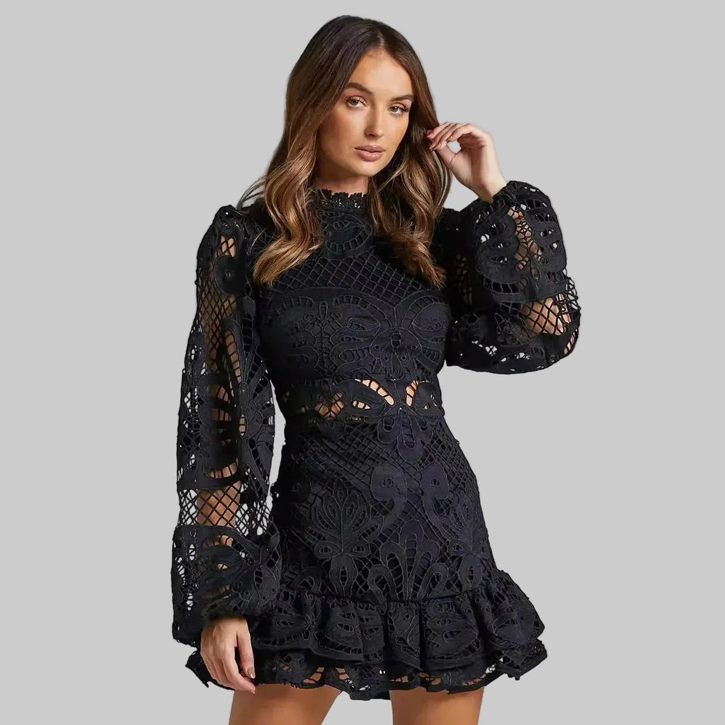 Lace Mini Dress - Long Sleeve, Ruffle Hem, Various Colors