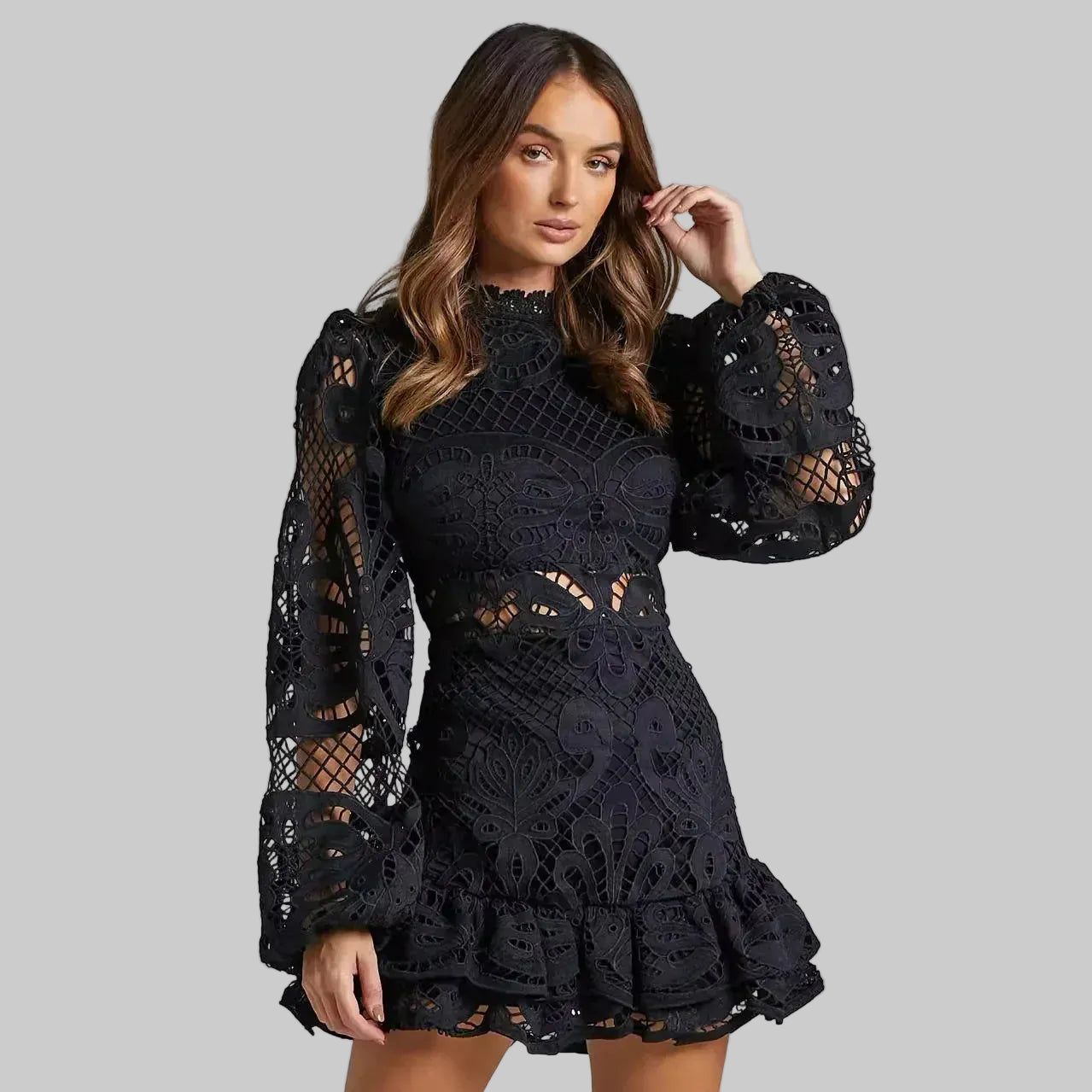 Lace Mini Dress - Long Sleeve, Ruffle Hem, Various Colors