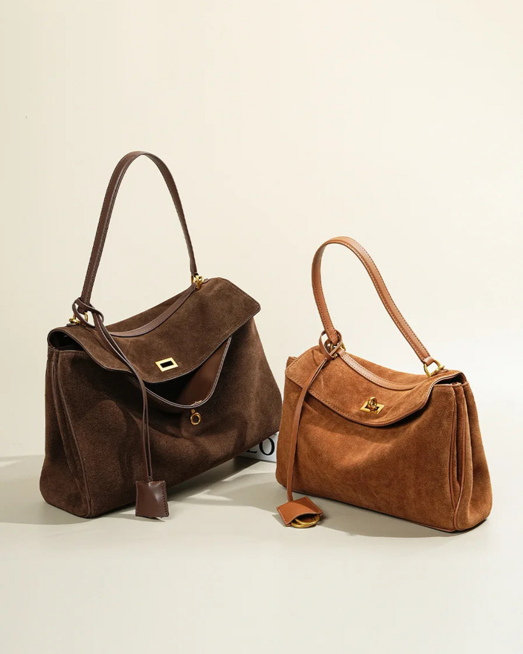 Suede Leather Top Handle Bag for Women - Stylish Shoulder Bag - Brown