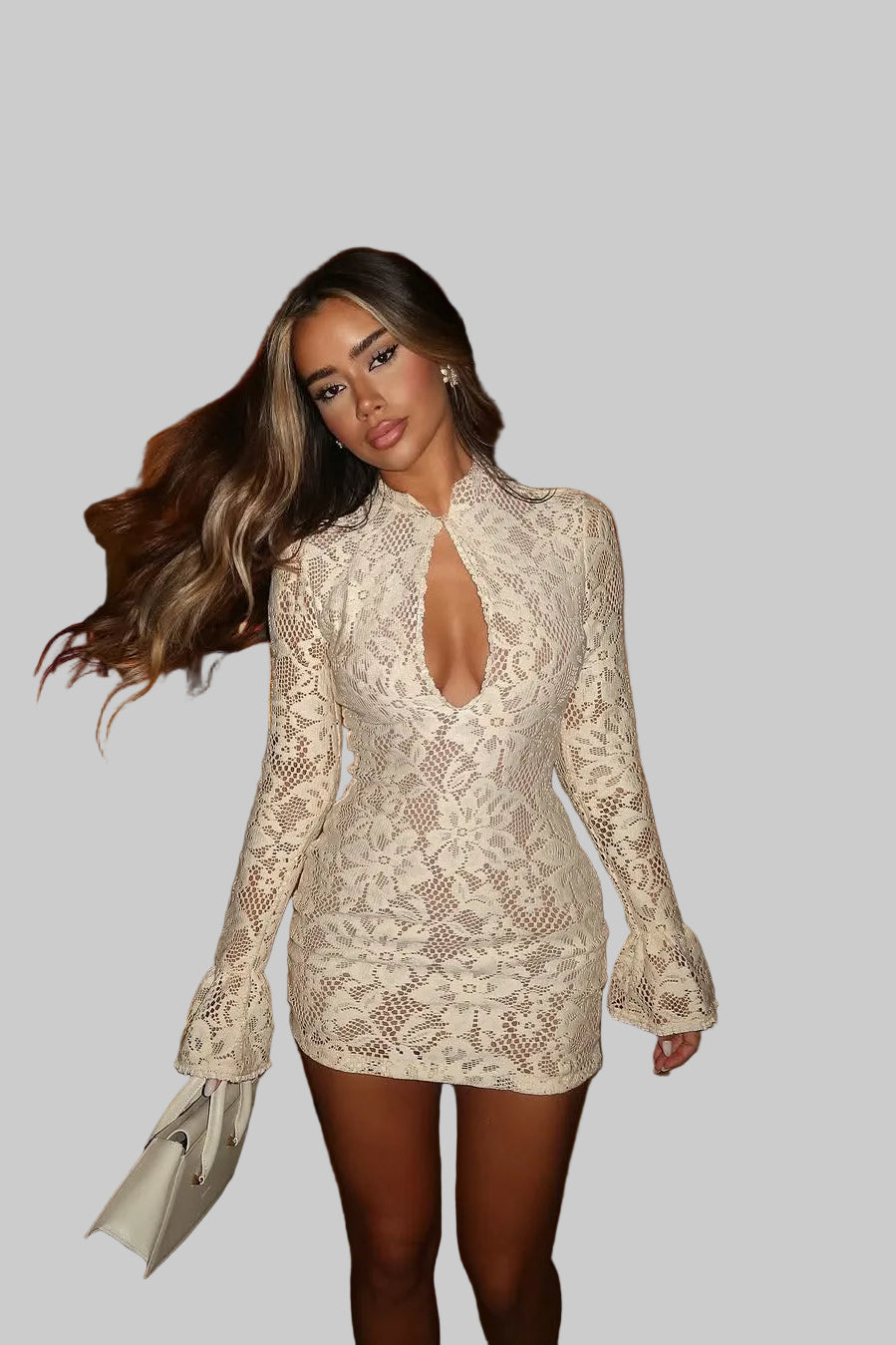 Elegant Lace Long Sleeve Mini Dress - Cream, Women's, Floral Pattern, Size Options