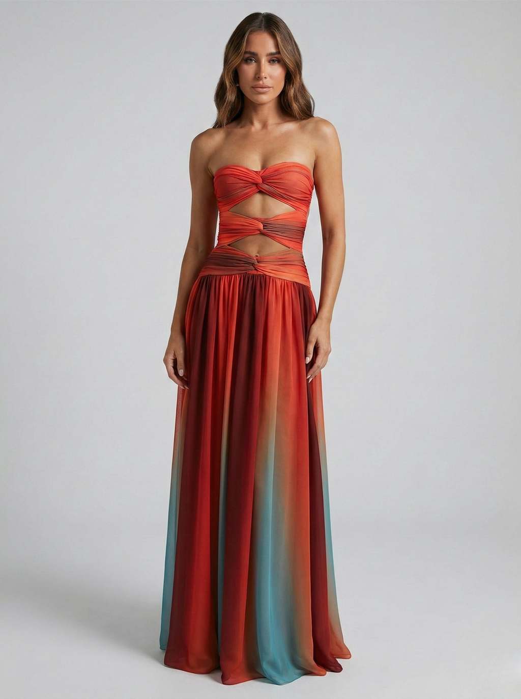 Strapless Maxi Dress Ombre Orange Red Blue Chiffon Cutout - Formal Evening Gown