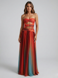 Strapless Maxi Dress Ombre Orange Red Blue Chiffon Cutout - Formal Evening Gown