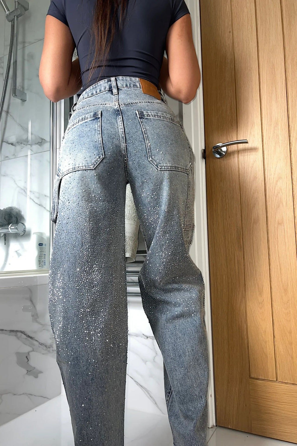 Wide Leg Rhinestone Jeans - Women's High Waist Denim Pants - Light Wash