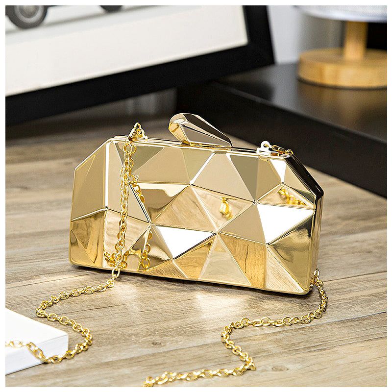 Geometric Clutch Evening Bag, Gold/Silver, Chain Strap, Party Wedding Prom, Box Clutch