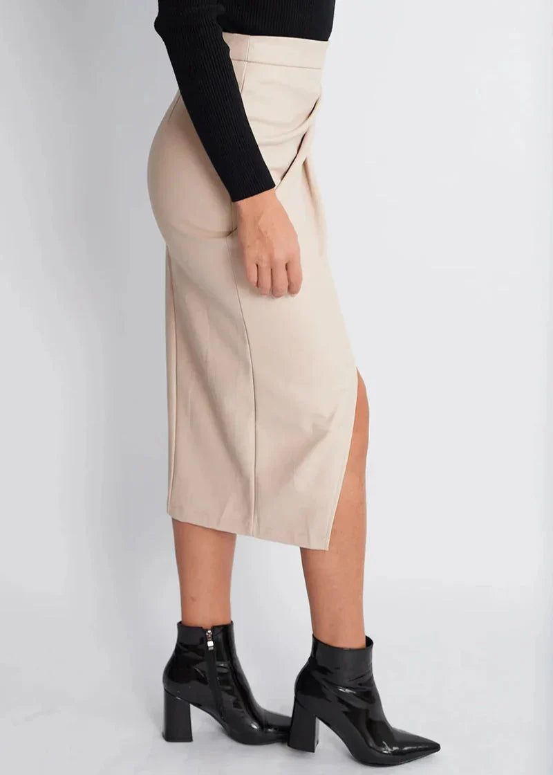 Draped Faux Leather Midi Skirt with Slit - Women's Elegant Pencil Skirt - Available in Black, Beige, Brown