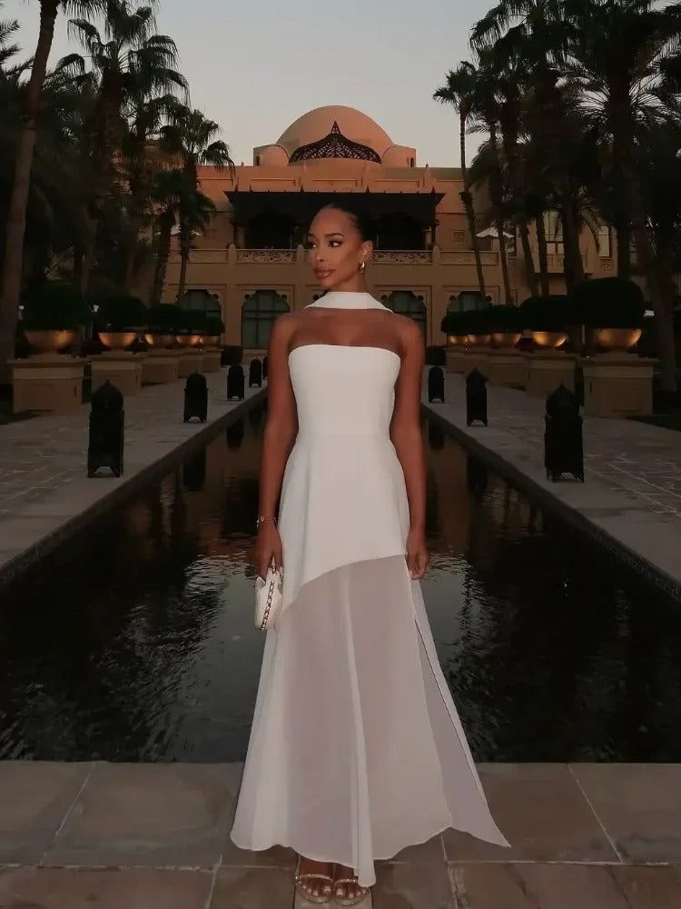 Strapless High Slit Maxi Dress with Chiffon Scarf - Elegant Evening Gown