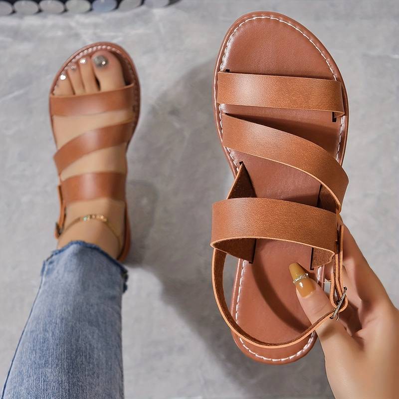 Women's Strappy Sandals - Comfortable Leather Flats in Black, Red, Cream, Brown