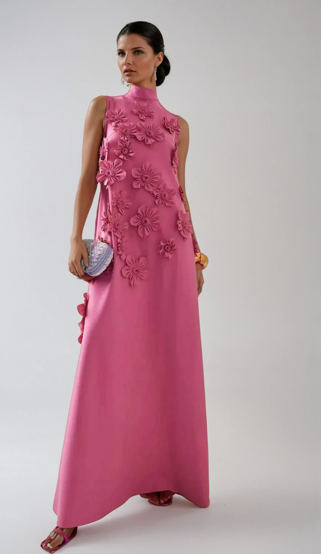 Pink Floral Appliqué Maxi Dress - High Neck, Sleeveless - Formal Occasion Gown