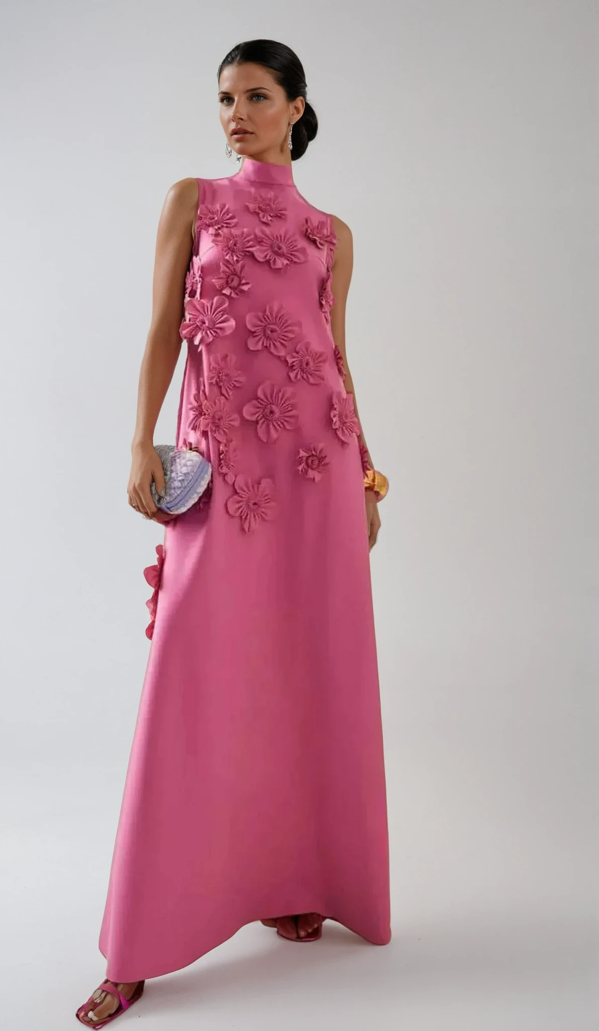Pink Floral Appliqué Maxi Dress - High Neck, Sleeveless - Formal Occasion Gown