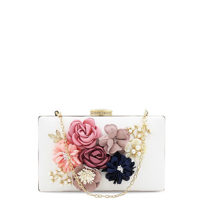 Floral Clutch Bag - White Evening Purse with Chain Strap, Fabric Flowers & Pearl Embellishments