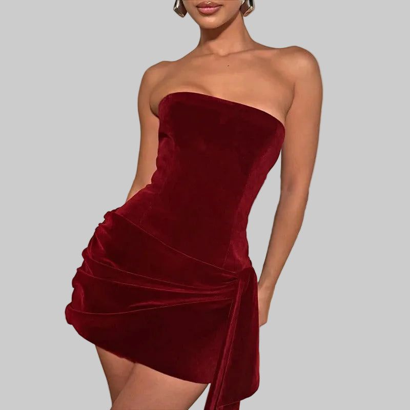 Velvet Strapless Mini Dress - Ruched Drape Party Dress - Burgundy
