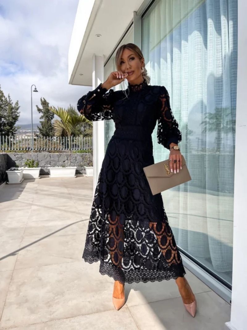 Elegant Lace Midi Dress: Women's Long Sleeve High Neck A-Line Cocktail Party Dress