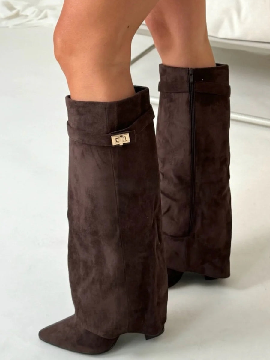 Elegant Women's Knee-High Suede Boots - Black, Beige, Brown, Leather, Size Variants