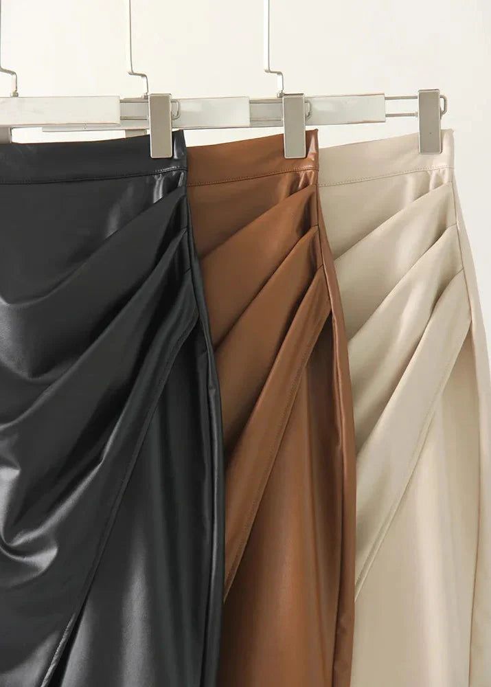 Draped Faux Leather Midi Skirt with Slit - Women's Elegant Pencil Skirt - Available in Black, Beige, Brown