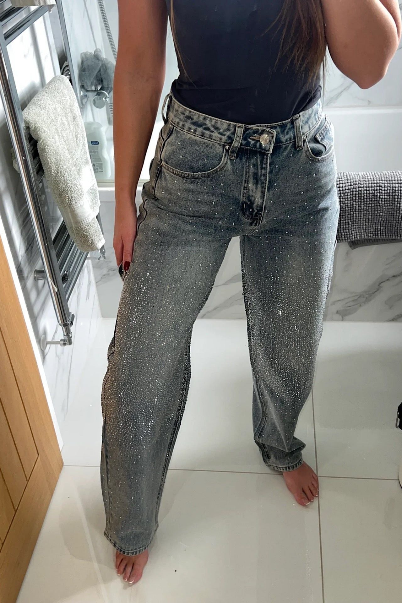 Wide Leg Rhinestone Jeans - Women's High Waist Denim Pants - Light Wash