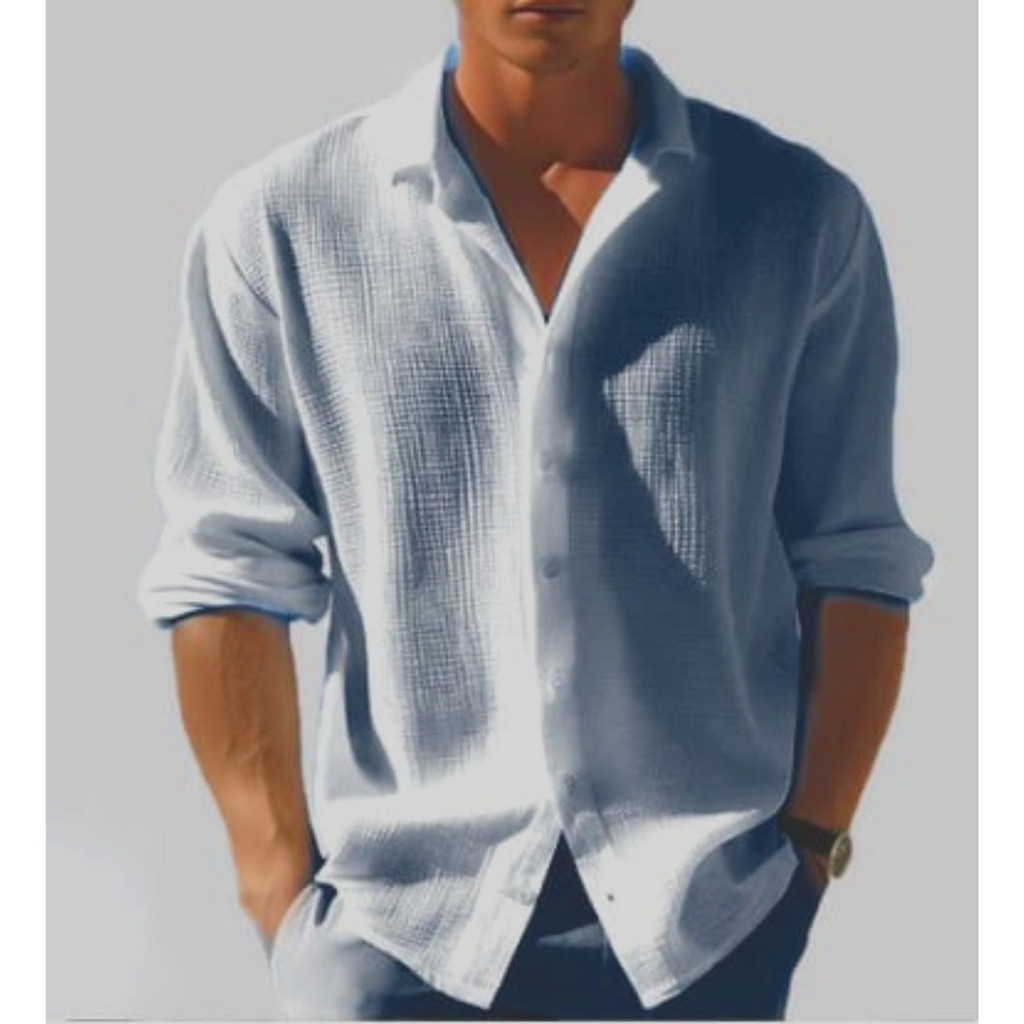 Men's Long Sleeve Button-Down Shirt - Casual Textured Cotton Blend - White, Green, Pink, Cream, Black, Blue