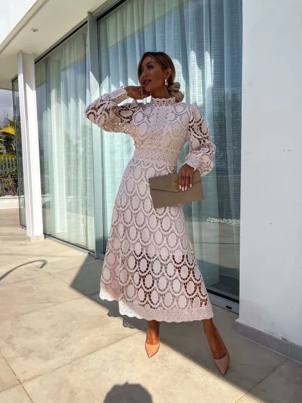 Elegant Lace Midi Dress: Women's Long Sleeve High Neck A-Line Cocktail Party Dress