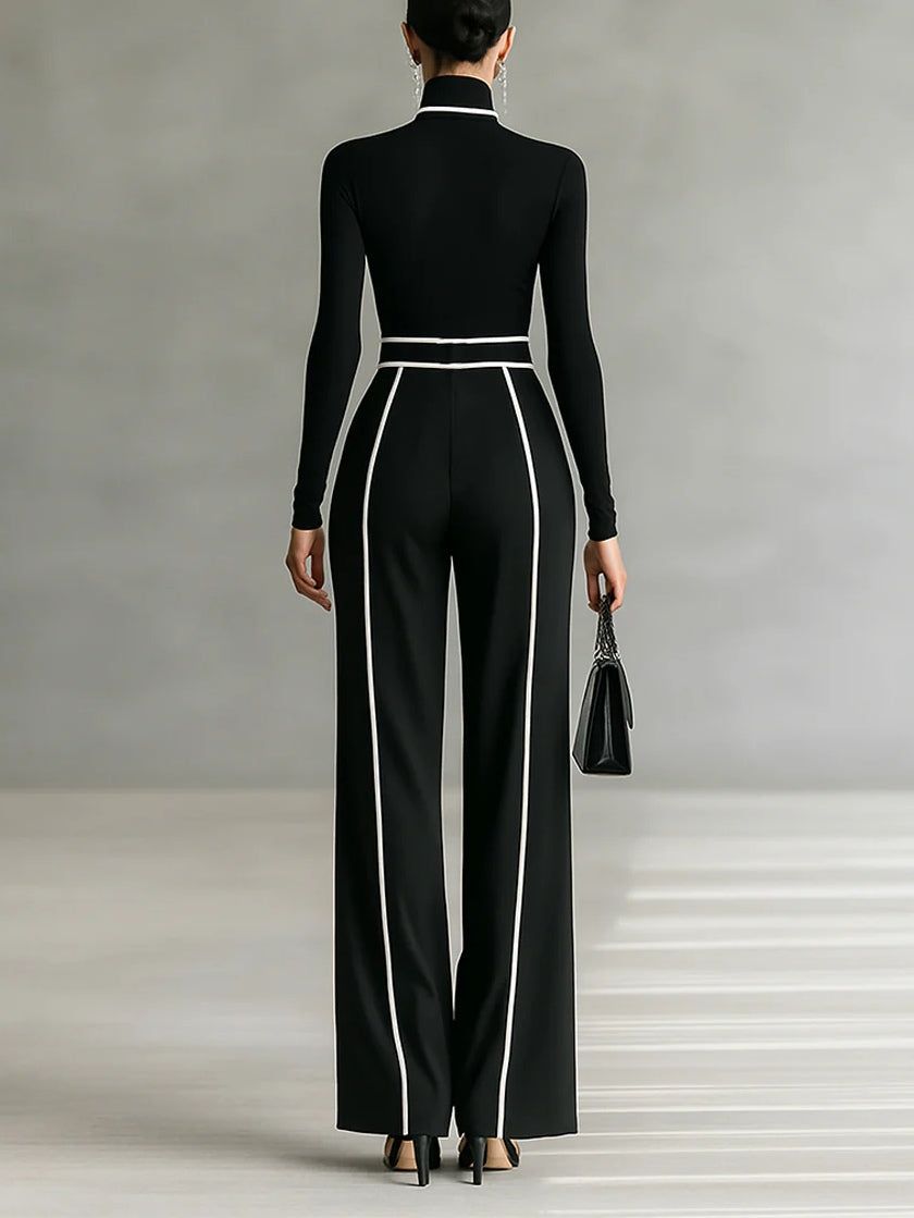 Women's Pant Set - Turtleneck Long Sleeve Top & Wide Leg Pants with Belt - Black/Gray - Elegant Style