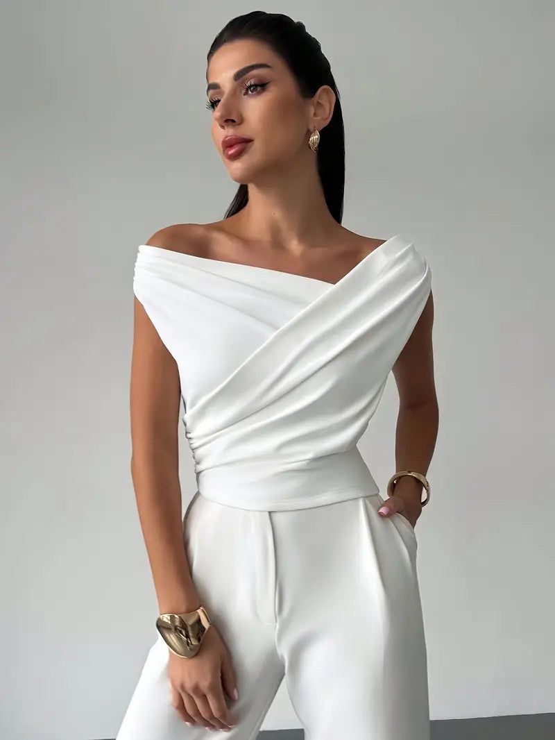 Off-Shoulder Wrap Top - Elegant Sleeveless Blouse, Available in White, Black, Red
