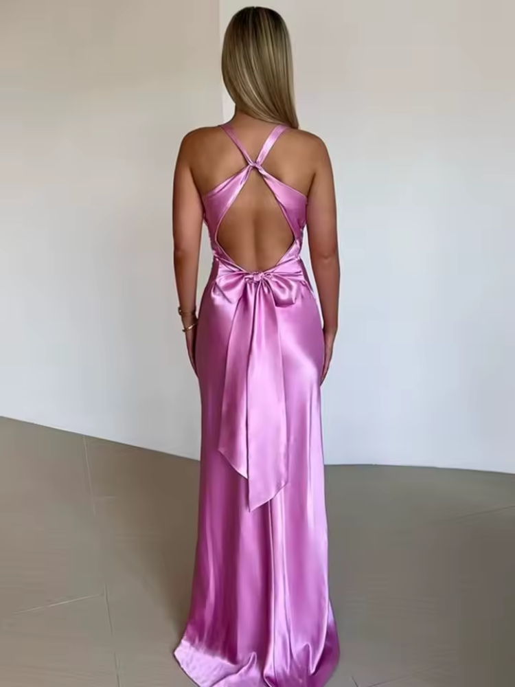Satin Maxi Dress Open Back with Bow - Women's Formal Evening Gown