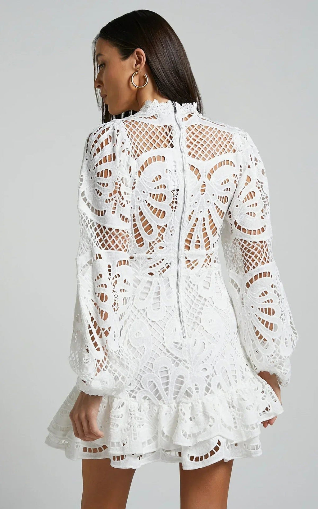 Lace Mini Dress - Long Sleeve, Ruffle Hem, Various Colors
