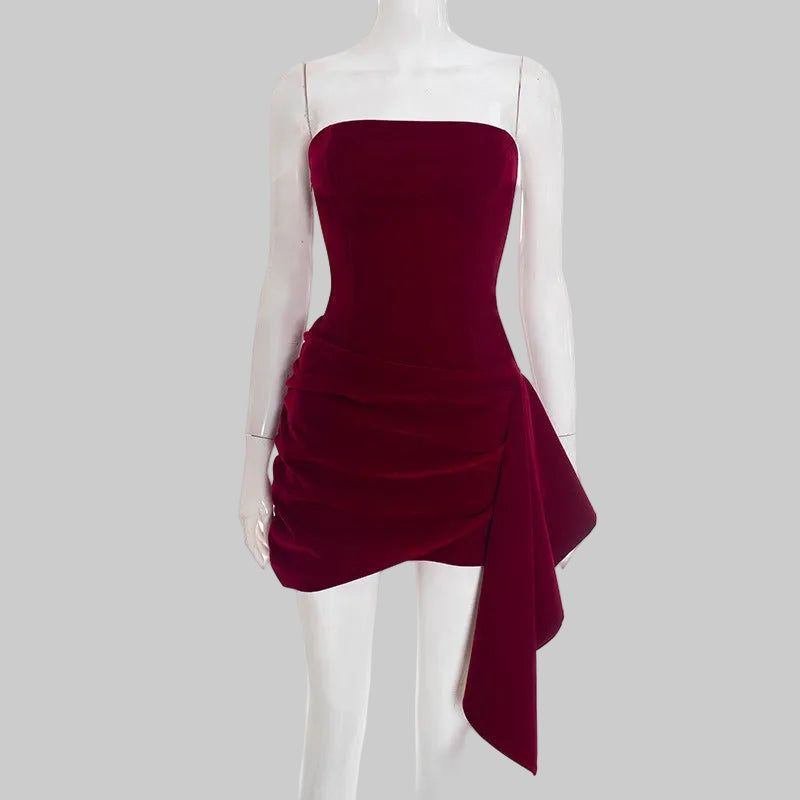 Velvet Strapless Mini Dress - Ruched Drape Party Dress - Burgundy