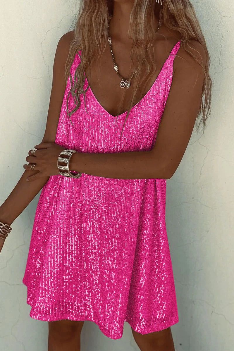 Sequin Mini Dress - V-Neck Sleeveless Dress - Cocktail Party Dress
