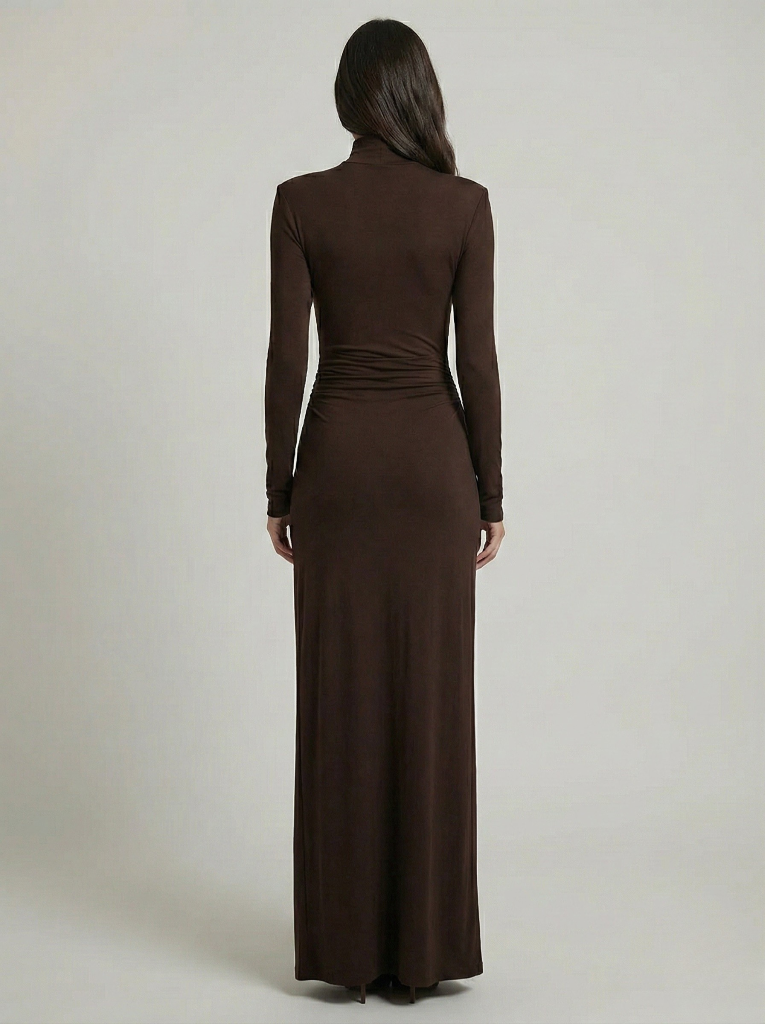 Long Sleeve Maxi Dress Brown Turtleneck Twist Front Thigh Slit Jersey Knit Evening Dress