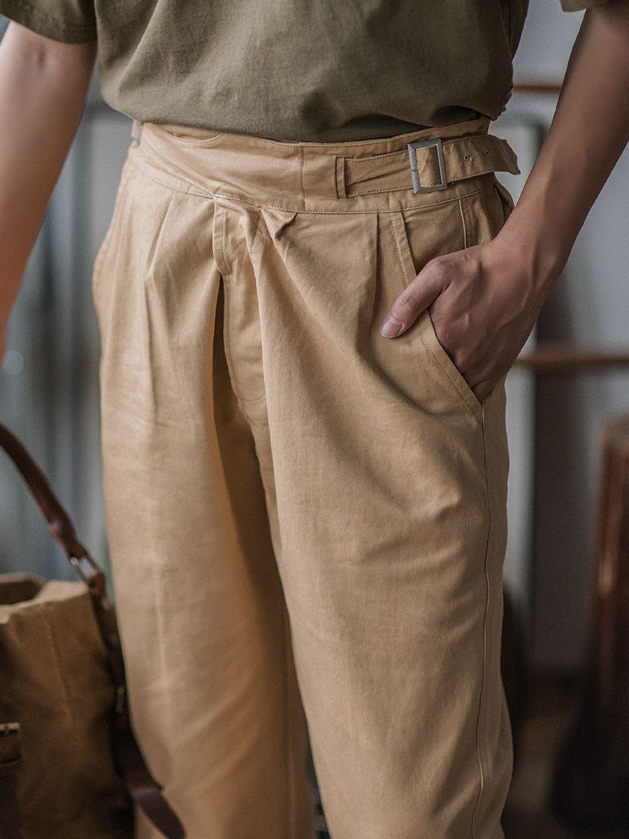 Vintage Style Men's Work Pants Cotton Canvas Pleated High Waist Buckle Closure - Khaki / Green