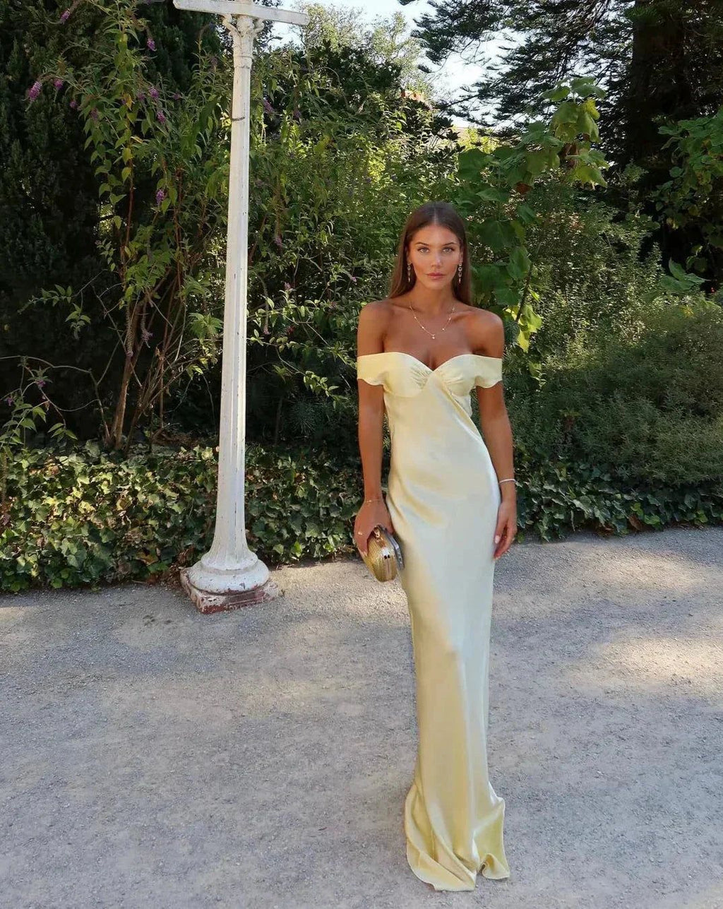 Satin Maxi Dress Off-Shoulder Evening Gown - Pale Yellow Formal Party Dress