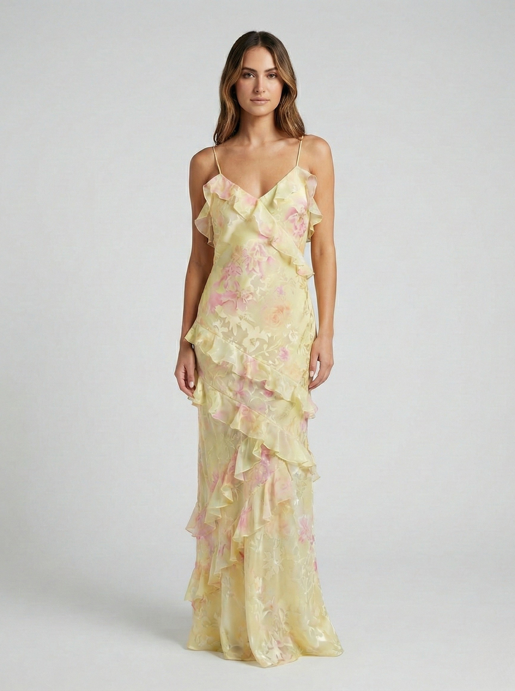Floral Ruffle Maxi Dress - Spaghetti Strap, Tiered Ruffles, Formal Gown. Pink/Yellow, Chiffon