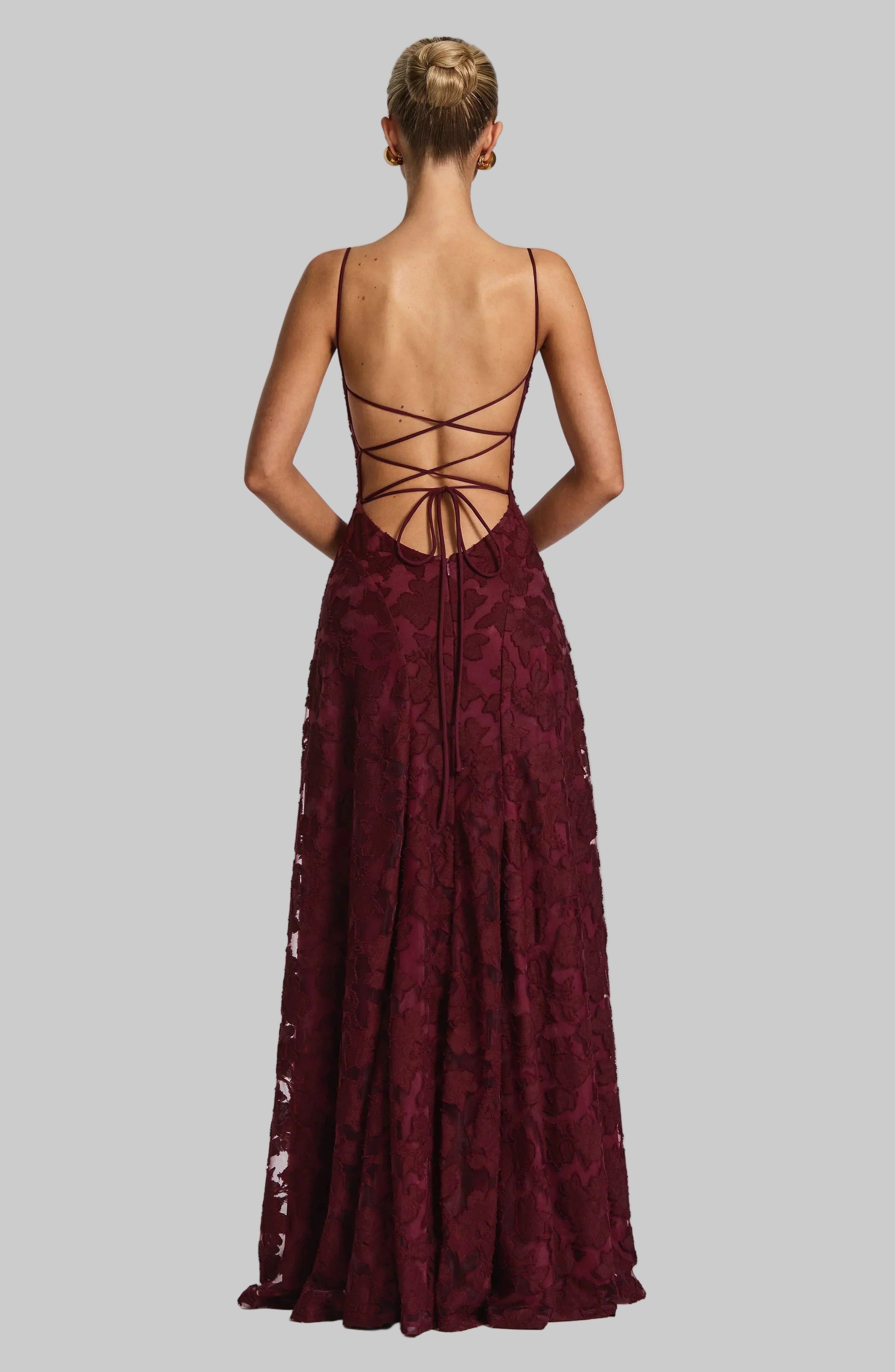 Floral Maxi Dress - Lace Up Back, Spaghetti Strap, Fitted Bodice, Long Evening Gown
