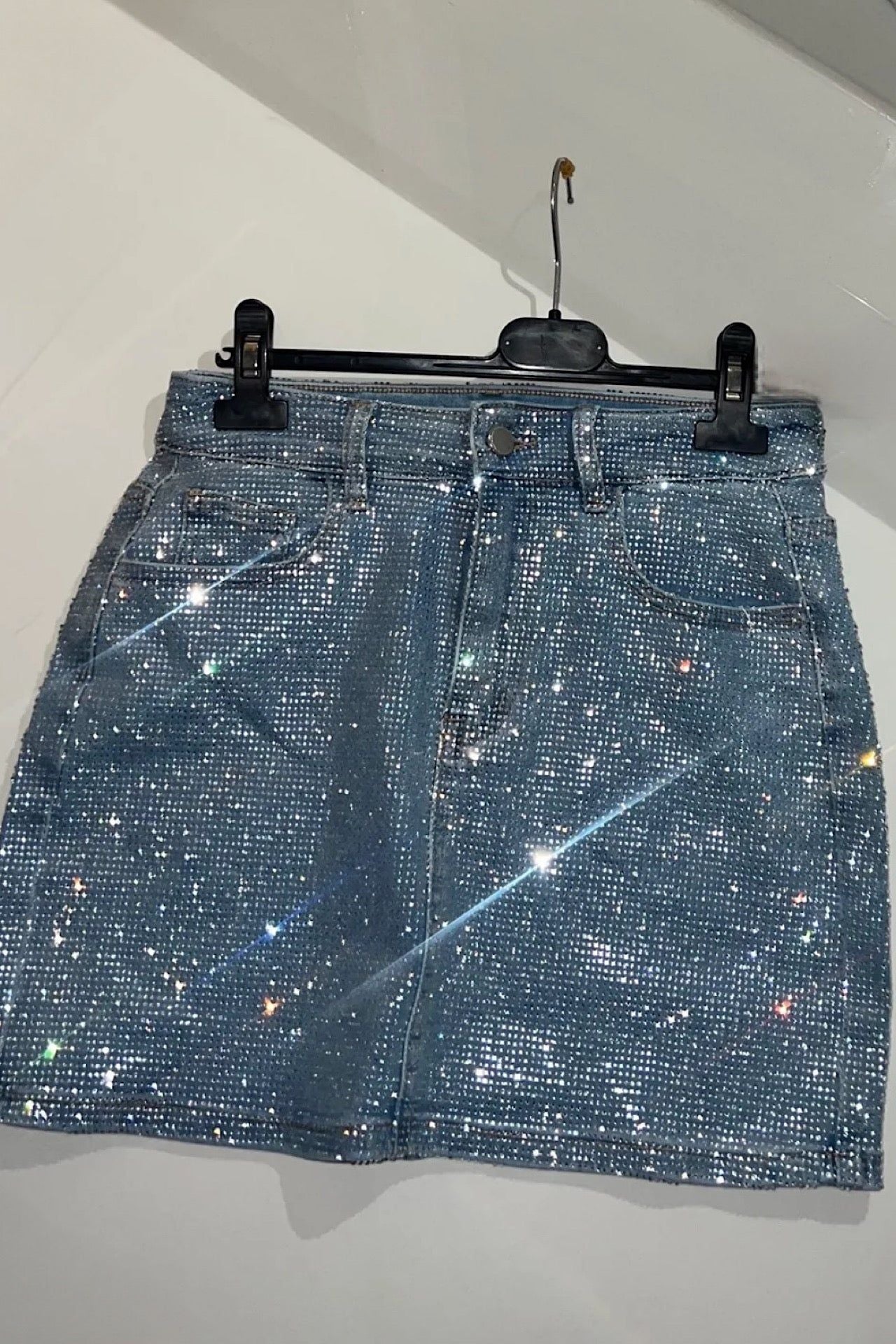 Sparkly Denim Mini Skirt with Rhinestones - Women's Fashion, Light Blue