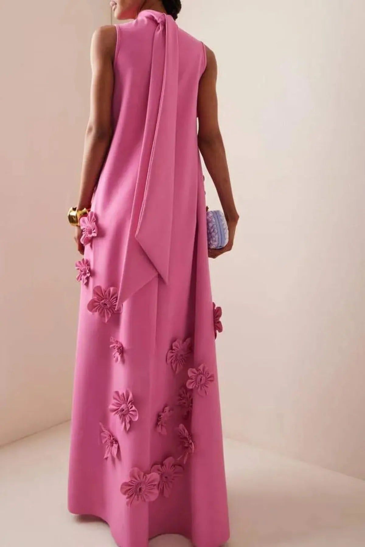 Pink Floral Appliqué Maxi Dress - High Neck, Sleeveless - Formal Occasion Gown