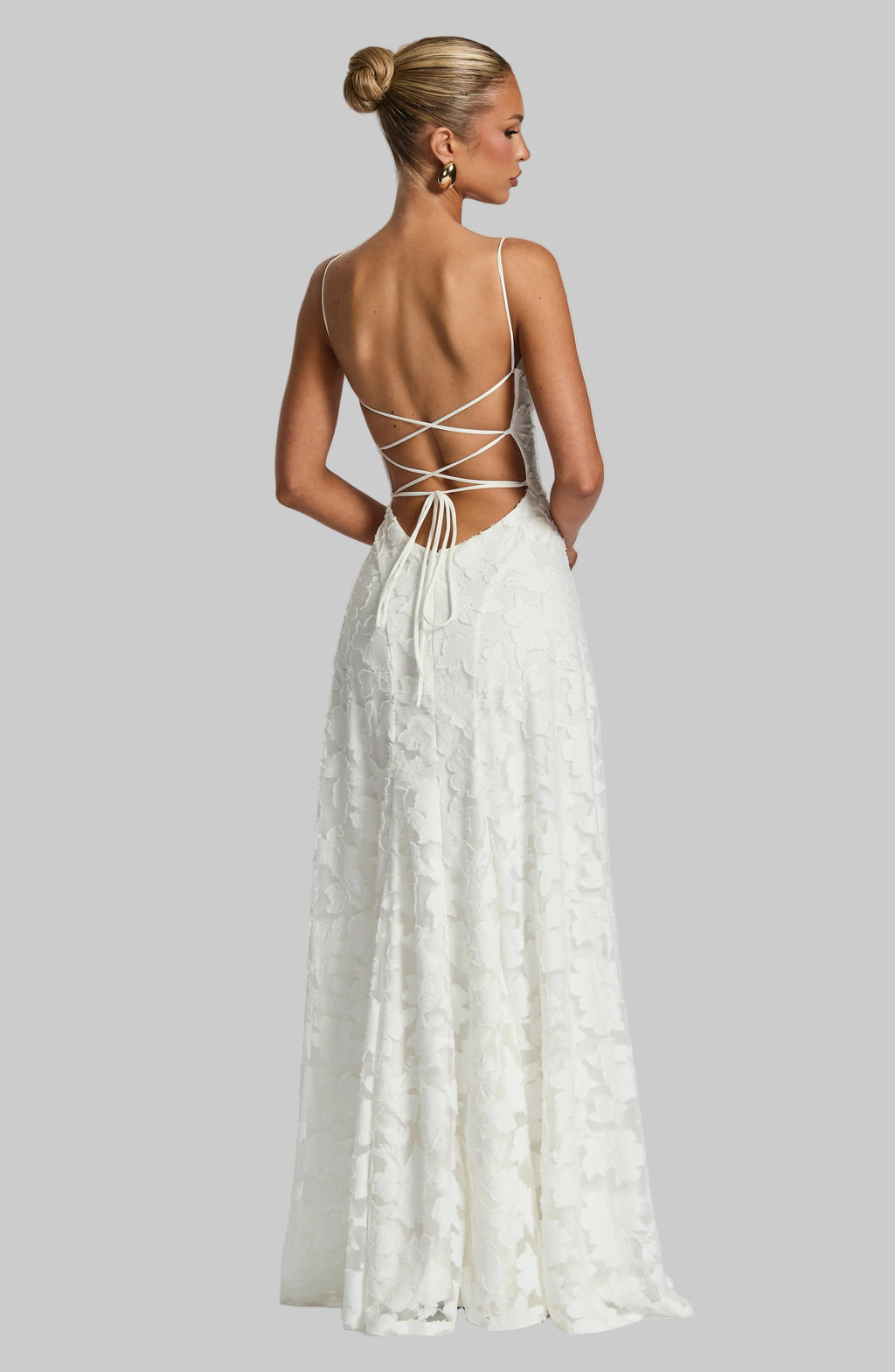 Floral Maxi Dress - Lace Up Back, Spaghetti Strap, Fitted Bodice, Long Evening Gown