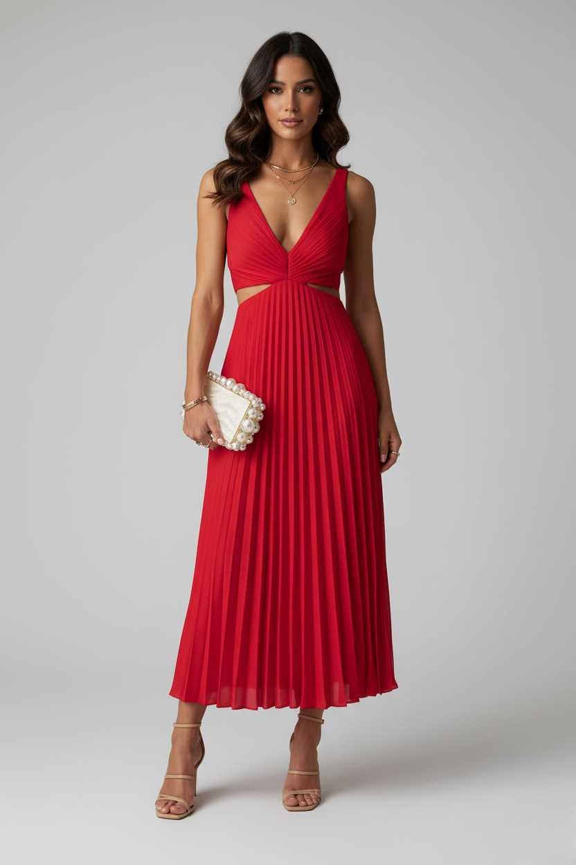 Elegant Pleated Midi Dress - V-Neck, Cutout Waist, Sleeveless, Various Colors